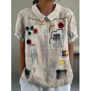 Colorful Embroidered Japanese Sashiko Art Linen Blend Shirt