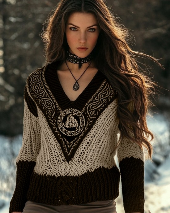 Women's Viking Style Knitted Jacquard V-neck Sweater