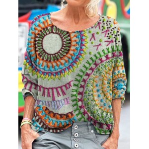 Floral Stitch Embroidery Pattern Women's Linen Long Sleeve T-shirt