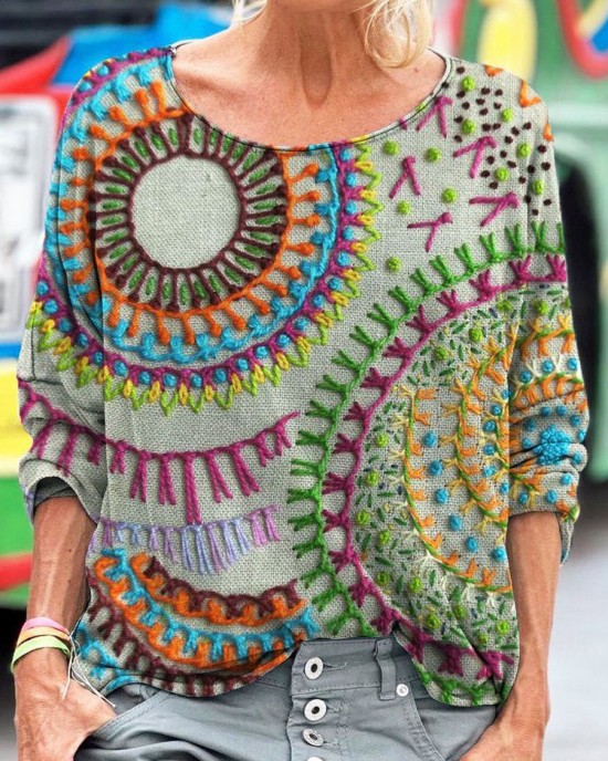 Floral Stitch Embroidery Pattern Women's Linen Long Sleeve T-shirt Floral Stitch Embroidery Pattern Women's Linen Long Sleeve T-shirt