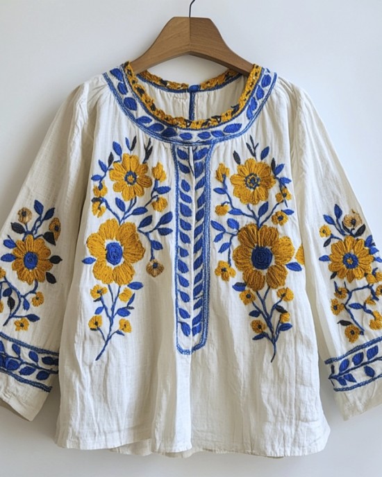 Ethnic Floral Embroidery Art Women's Linen Shirt Ethnic Floral Embroidery Art Women's Linen Shirt