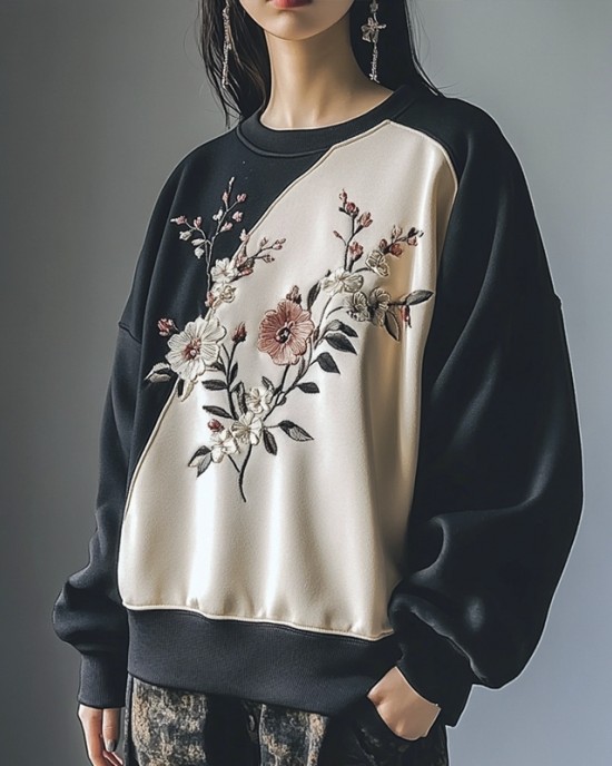 Handmade Floral Embroidery Color Clash Women's Loose Sweatshirt Handmade Floral Embroidery Color Clash Women's Loose Sweatshirt