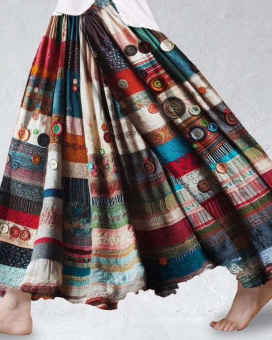 Vintage Boho Colorful Textile Flowy Wide Skirt Vintage Boho Colorful Textile Flowy Wide Skirt