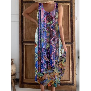 Vintage Boho Floral Embroidered Linen Tank Dress