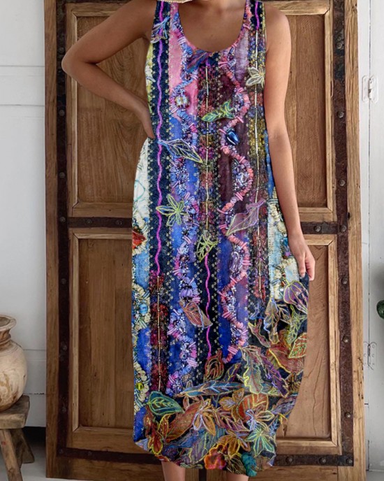 Vintage Boho Floral Embroidered Linen Tank Dress Vintage Boho Floral Embroidered Linen Tank Dress