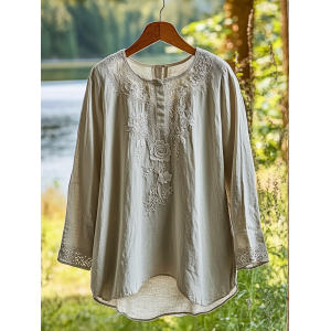 Women's Lace Cutout Rose Floral Design Linen Shirt