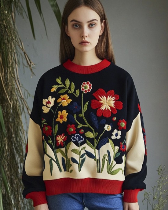 Colorful Floral Embroidery Women's Crew Neck Sweatshirt Colorful Floral Embroidery Women's Crew Neck Sweatshirt
