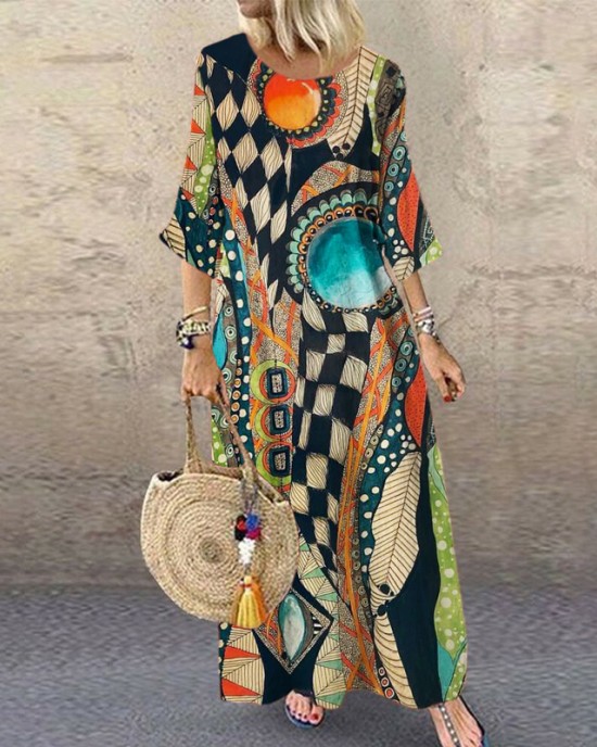 Vintage Geometric Abstract Art Women's Linen Maxi Dress Vintage Geometric Abstract Art Women's Linen Maxi Dress