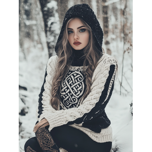 Women's Viking Tribal Jacquard Celtic Chunky Inspired Knit Hooded Sweater