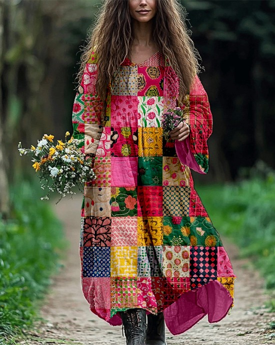 Bohemian Patchwork Art Pattern Flowy Linen Dress Bohemian Patchwork Art Pattern Flowy Linen Dress