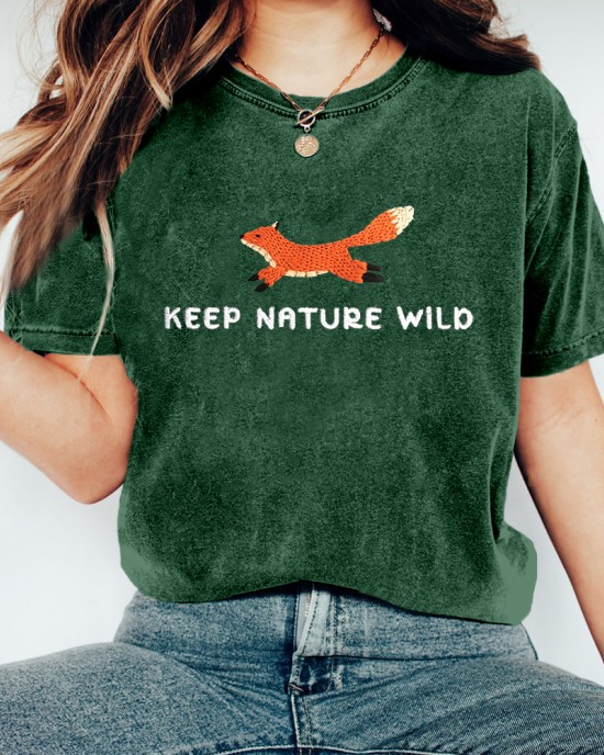 Keep Nature Wild Fox Embroidered Washed T Shirt