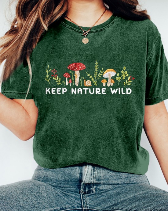 Keep Nature Wild Mushroom Embroidered Washed T Shirt Keep Nature Wild Mushroom Embroidered Washed T Shirt