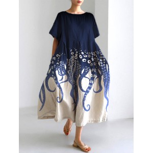 Ocean Octopus Japanese Art Linen Blend Casual Dress