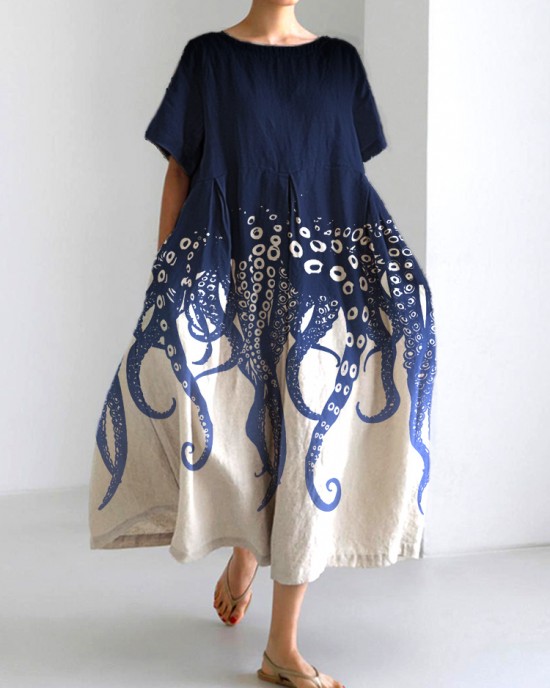 Ocean Octopus Japanese Art Linen Blend Casual Dress Ocean Octopus Japanese Art Linen Blend Casual Dress