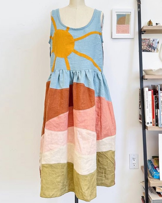 Day & Night Contrast Landscape Colorblock Linen Dress