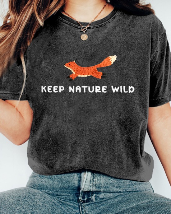 Keep Nature Wild Fox Embroidered Washed T Shirt
