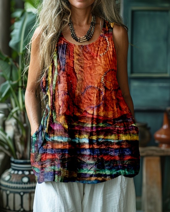 Colorful Boho Patchwork Flowy Linen Tank Top