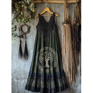Vintage Tribal Celtic Knot Life Of Tree Lace Patchwork Art Linen Tank Dress