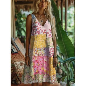 Rustic Floral Print Women's Linen Vest Dress