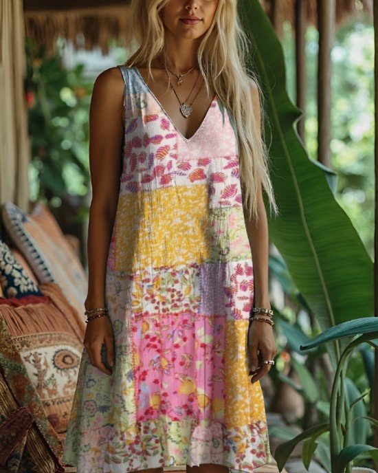 Rustic Floral Print Women's Linen Vest Dress