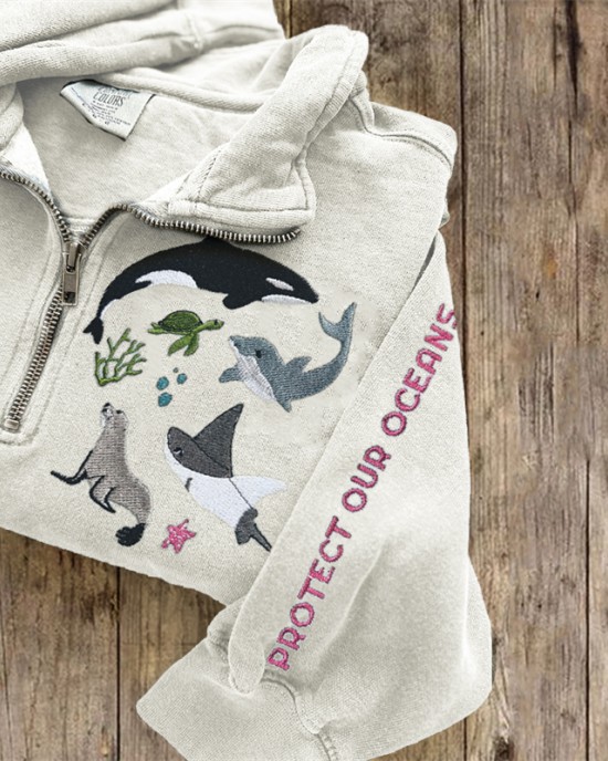 Protect Our Oceans Marine Animals Embroidered Zip Up Sweatshirt Protect Our Oceans Marine Animals Embroidered Zip Up Sweatshirt