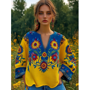 Ukrainian Folk Floral Embroidery V-neck Linen Shirt