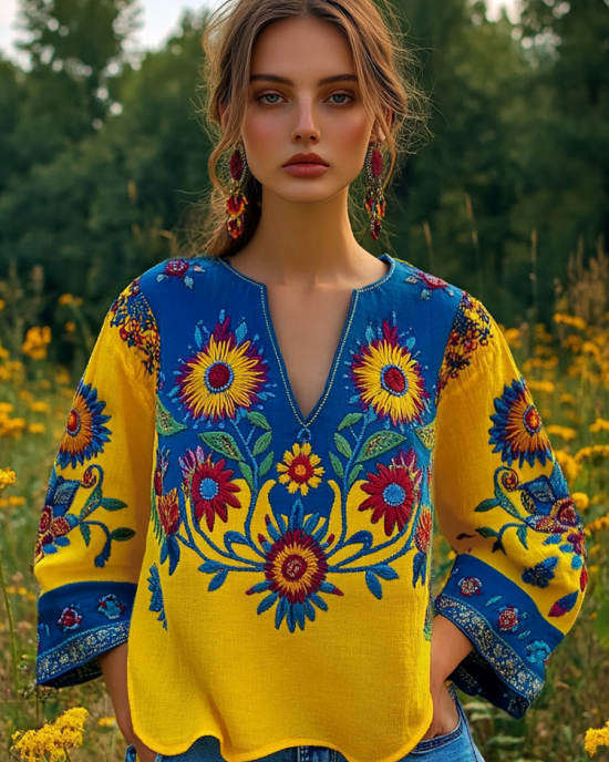 Ukrainian Folk Floral Embroidery V-neck Linen Shirt Ukrainian Folk Floral Embroidery V-neck Linen Shirt