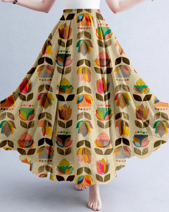 Retro Color Block Flowers  Abstract Art Linen Blend Skirt