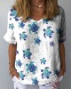 Women's Watercolor Sea Turtle Crawling Pattern Print Linen Blend T-shirt