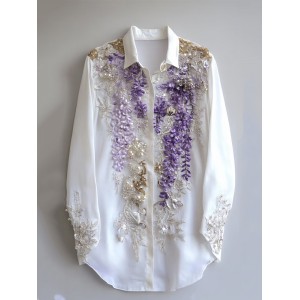 Women's Purple Floral Embroidered Art Linen Blend Shirt
