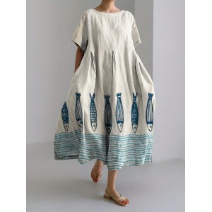 Fish Sea Waves Japanese Lino Art Bottom Linen Blend Maxi Dress
