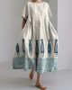 Fish Sea Waves Japanese Lino Art Bottom Linen Blend Maxi Dress