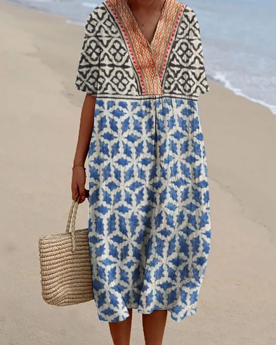 Indigo Ethnic Geometric Natural Block Print Flowy Linen Dress Indigo Ethnic Geometric Natural Block Print Flowy Linen Dress