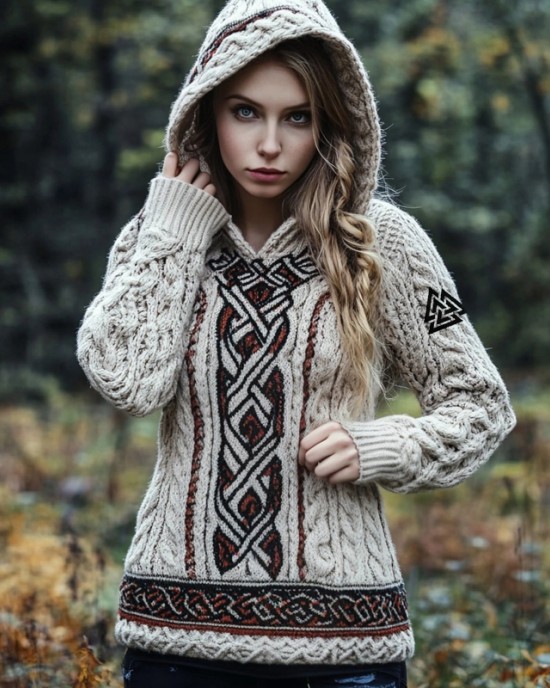 Viking Valknut Embroidered Retro Jacquard Cozy Hooded Sweater Viking Valknut Embroidered Retro Jacquard Cozy Hooded Sweater