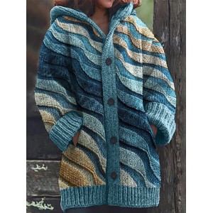 Beach Sea Waves Inspired Jaquard Cozy Hooded Cardigan