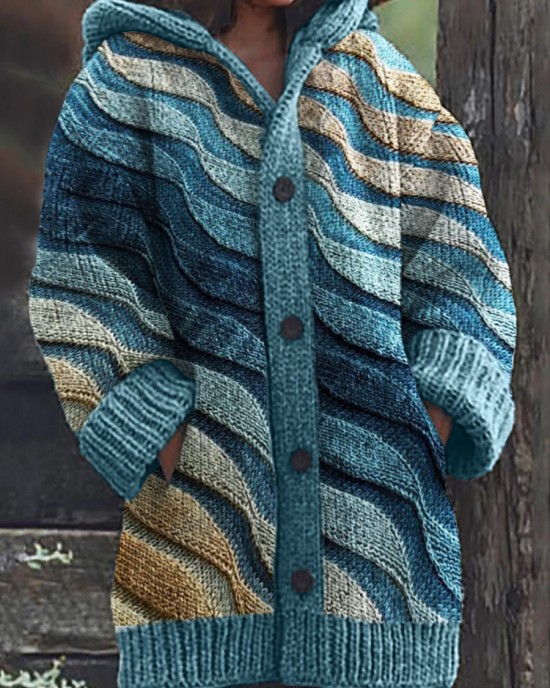 Beach Sea Waves Inspired Jaquard Cozy Hooded Cardigan Beach Sea Waves Inspired Jaquard Cozy Hooded Cardigan