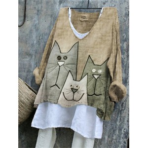 Lovely Cats Patchwork Fiber Art Linen Blend Tunic