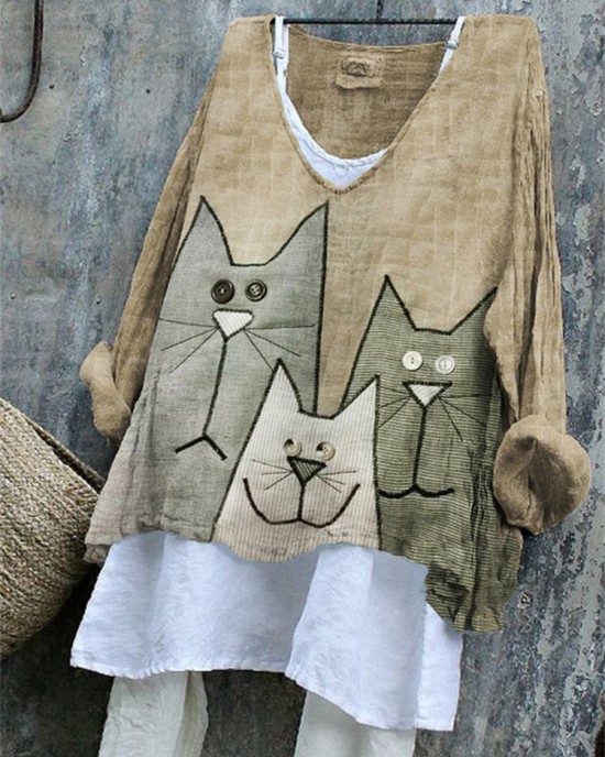 Lovely Cats Patchwork Fiber Art Linen Blend Tunic