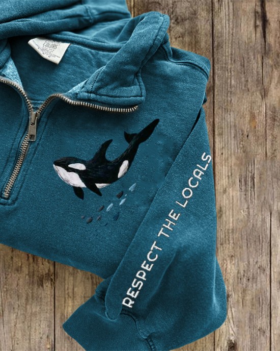 Respect The Locals Killer Whale Embroidered Zip Up Sweatshirt