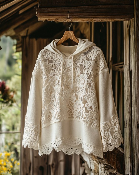 Women's Retro Floral Lace Embroidery Patchwork Art Hoodie