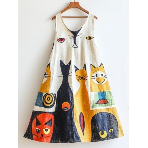 Fun Cat Geometric Art Flowy Linen Tank Dress