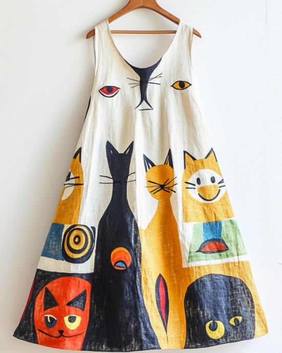 Fun Cat Geometric Art Flowy Linen Tank Dress Fun Cat Geometric Art Flowy Linen Tank Dress