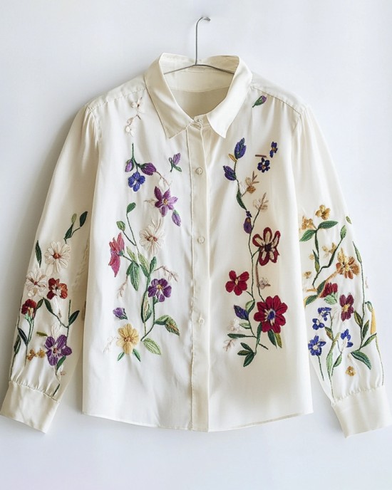 Forest Flower Embroidery Women's Long Sleeve Shirt