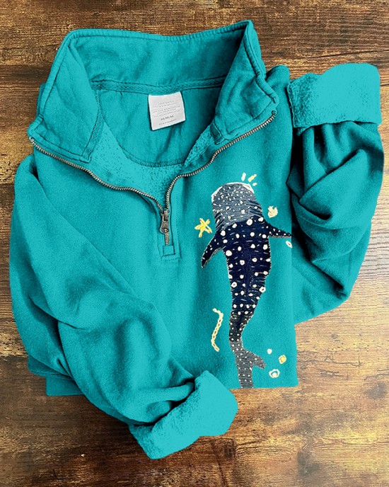 Whale Shark Embroidered Zip Up Comfy Sweatshirt Whale Shark Embroidered Zip Up Comfy Sweatshirt