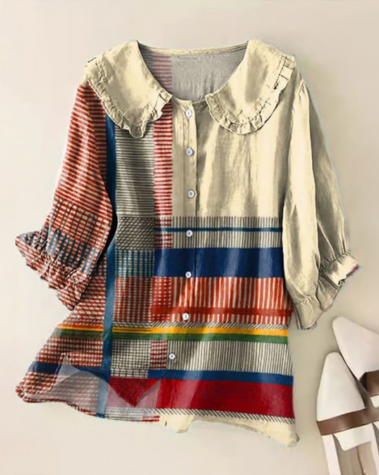 Women's Cotton And Linen Contrast Geometric Print Shirt Women's Cotton And Linen Contrast Geometric Print Shirt
