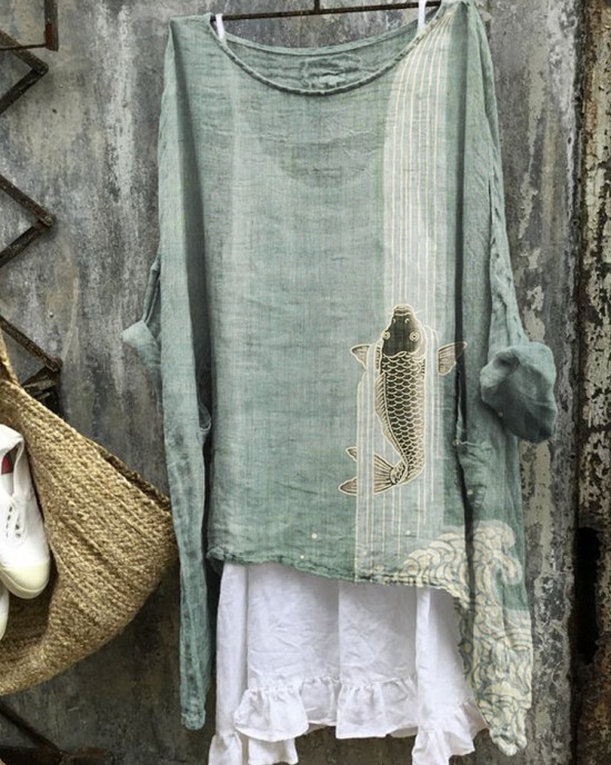 Upstream Carp Japanese Art Linen Blend Tunic Upstream Carp Japanese Art Linen Blend Tunic