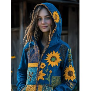 Ukraine Ethnic Sunflowers Embroidered Patchwork Full Zip Hoodie