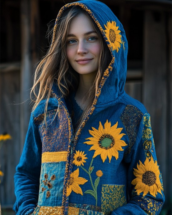 Ukraine Ethnic Sunflowers Embroidered Patchwork Full Zip Hoodie Ukraine Ethnic Sunflowers Embroidered Patchwork Full Zip Hoodie