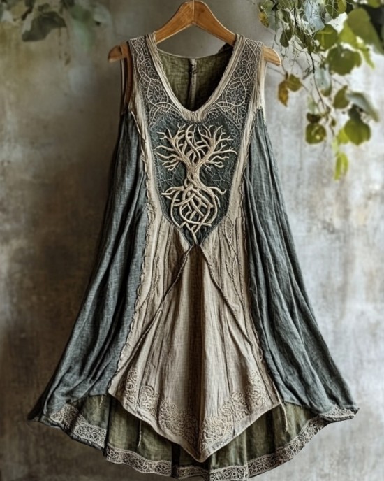 Tribal Life Of Tree Celtic Embroidery Patchwork Art Linen Tank Dress Tribal Life Of Tree Celtic Embroidery Patchwork Art Linen Tank Dress