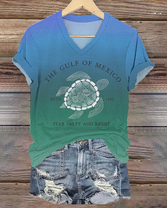 Women's Gulf Of Mexico In Gradient Printed V Neck T-shirt
